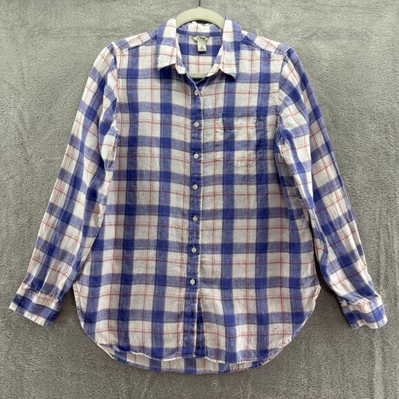 LLBean Top Womens S Blue Plaid Linen Button Up Shirt Long Sleeve Collared - Picture 1 of 14